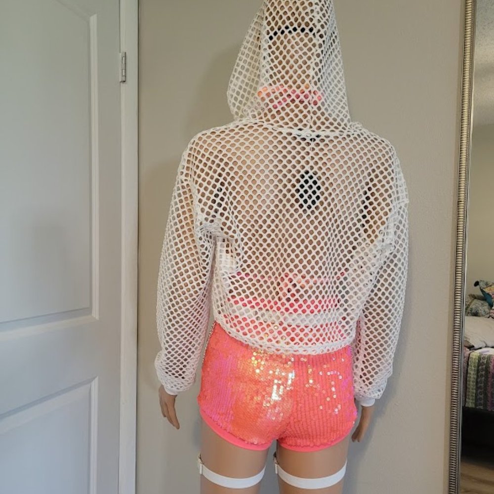 CLEARANCE!! Coral Sequin Set w/ White Fishnet Crop Rave Outfit - Picture 9 of 9